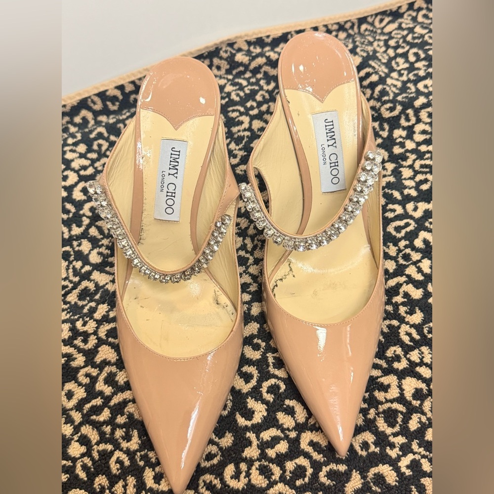 Jimmy Choo Blush Patent Leather Heels with Crystal Strap